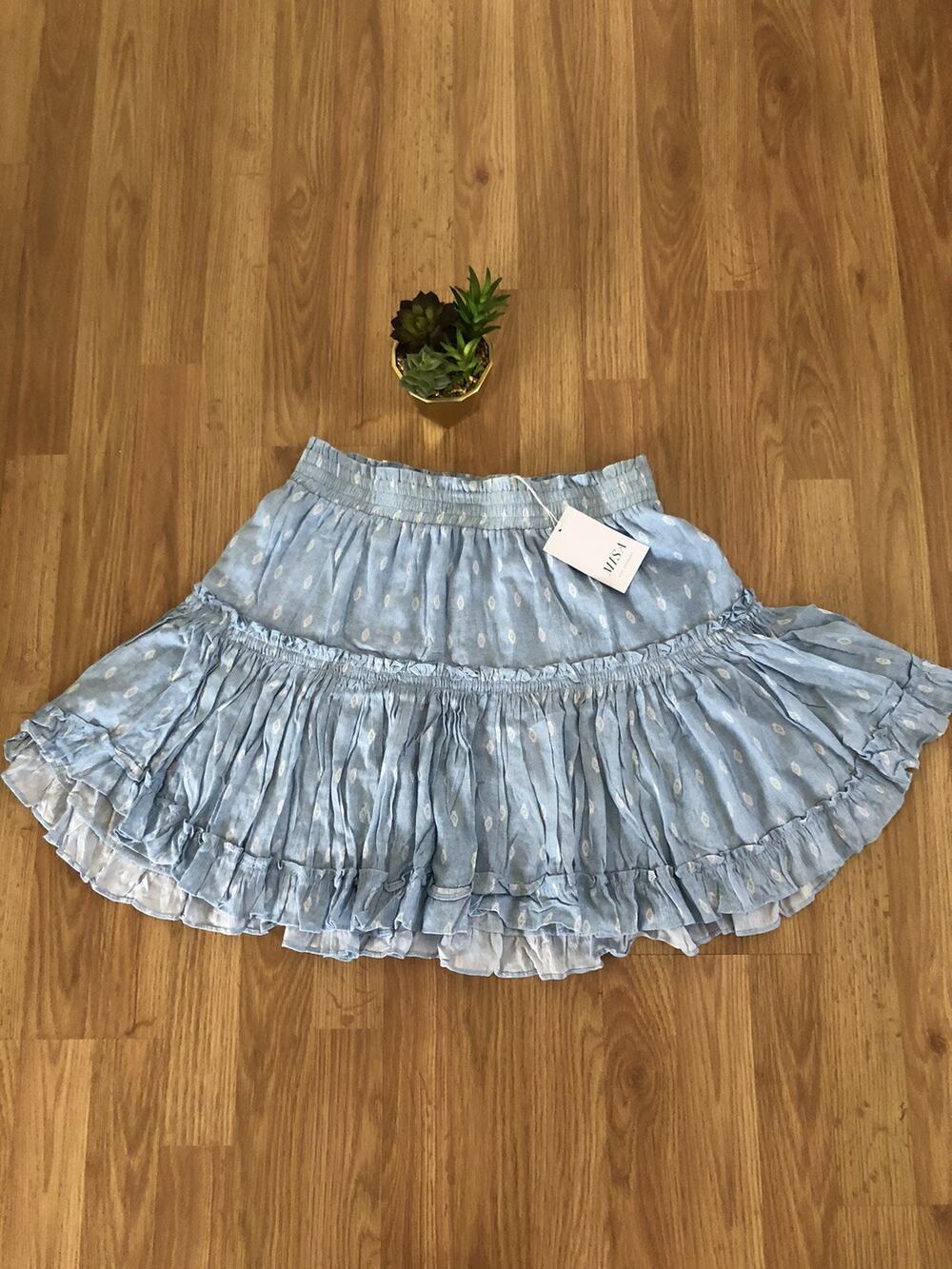 NWT MISA Los Angeles Marion Chambray Blue Tiered Ruffle Mini Skirt Womens SZ LRG